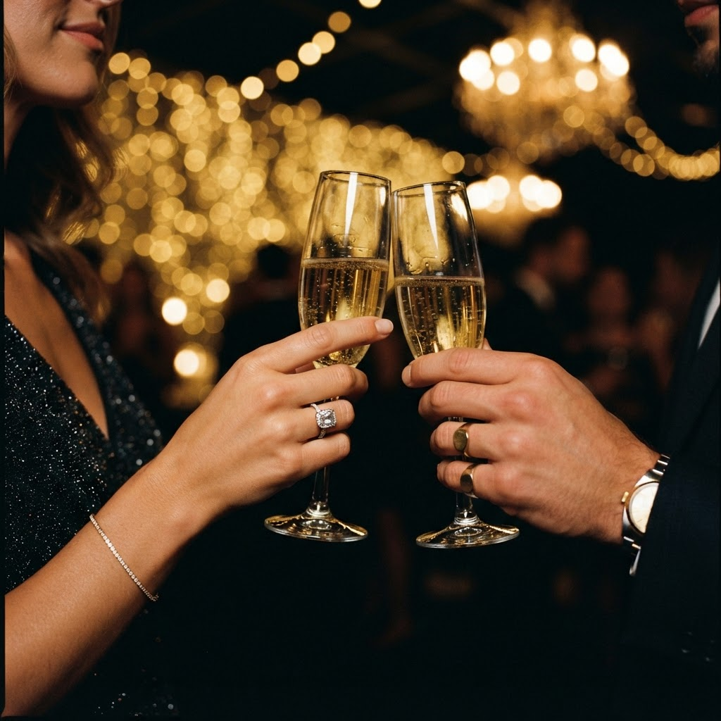 Champagnergläser bei einer intimen Feier im goldenen Licht