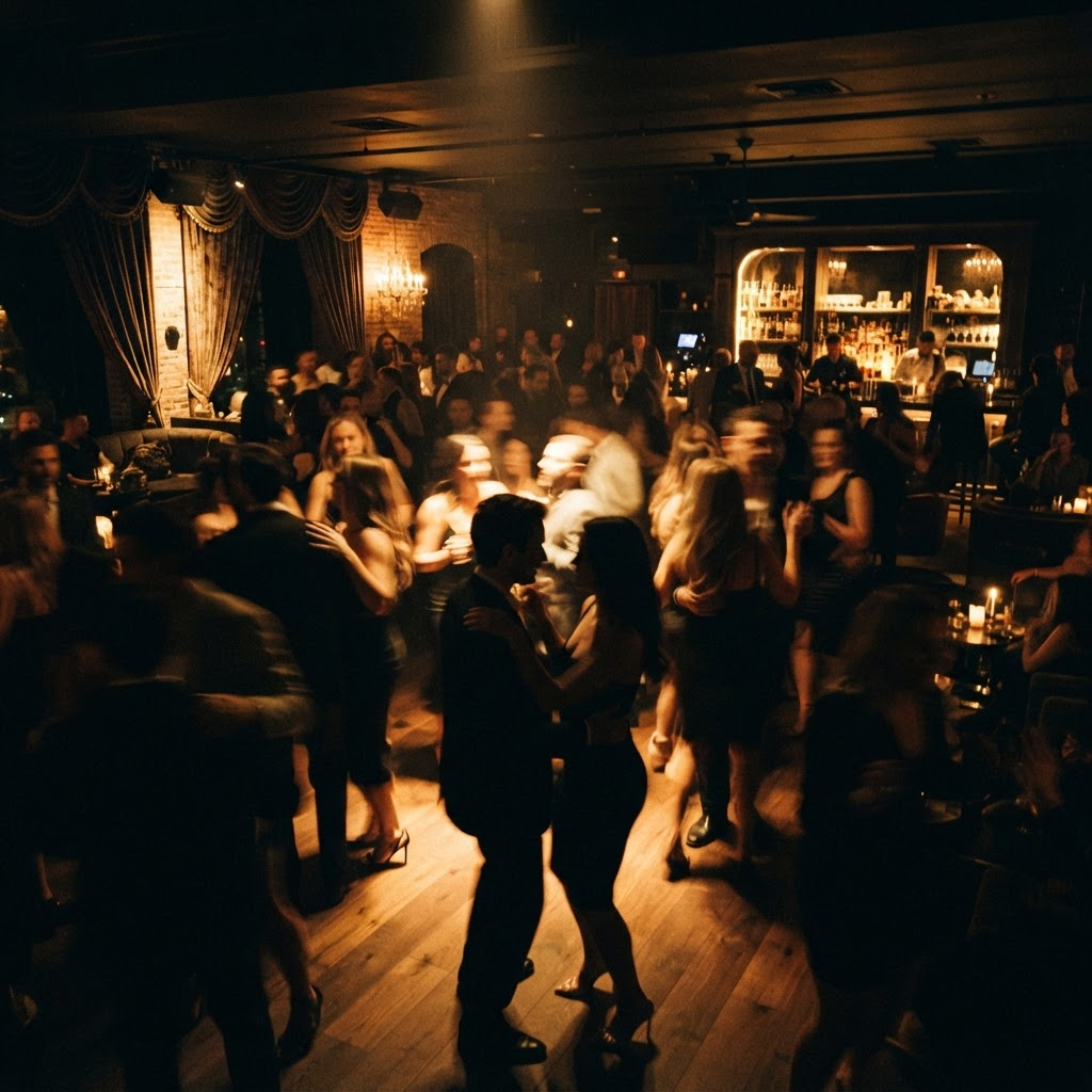 Tanzende Silhouetten in einer stimmungsvollen Lounge